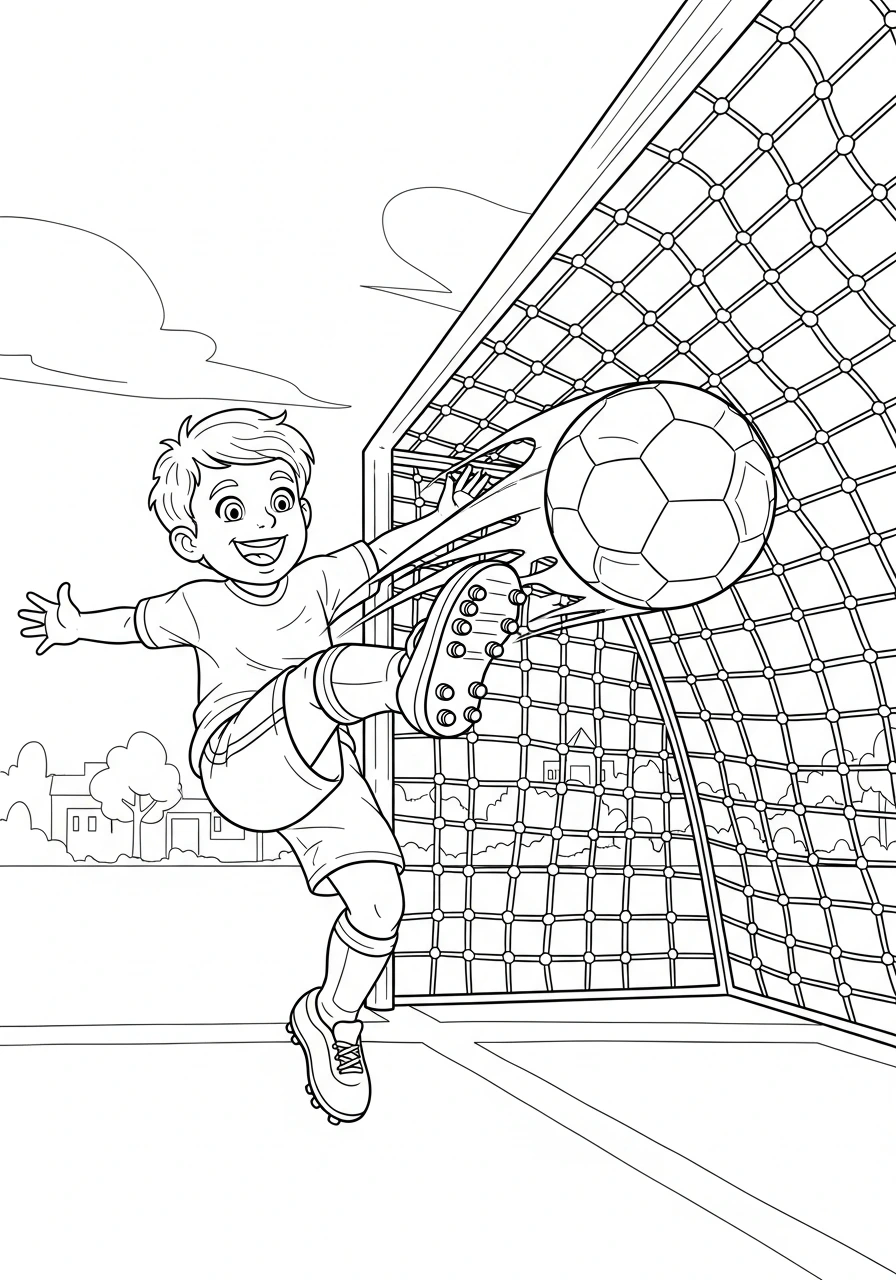 Color this exciting scene of a joyful kid scoring a fantastic soccer goal! A perfect printable page for kids and adults to enjoy bringing to life with their favorite colors.