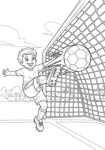 Color this exciting scene of a joyful kid scoring a fantastic soccer goal! A perfect printable page for kids and adults to enjoy bringing to life with their favorite colors.