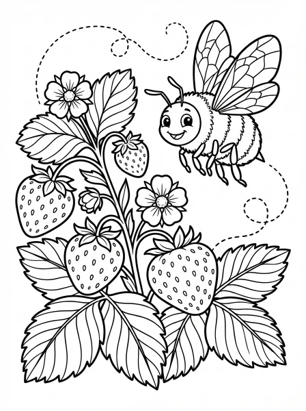 Color a happy bumblebee buzzing around a delicious strawberry plant! Print this fun page and bring your garden adventure to life with crayons.