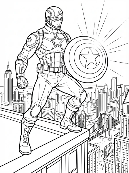 Color Captain America standing proudly on a skyscraper, shield ready, overlooking a busy city. This printable coloring page offers a thrilling scene for heroes of all ages to enjoy.