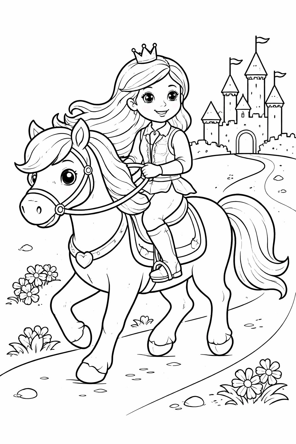 Color this brave princess riding a friendly, large-eyed horse as they trot toward a distant castle. This printable coloring page is perfect for kids and adults to print, color, and enjoy some creative time.