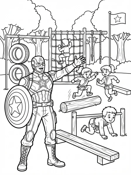 Join Captain America as he inspires young cadets through an exciting obstacle course! Print this action-packed coloring page and bring their brave training adventure to life with your favorite colors.