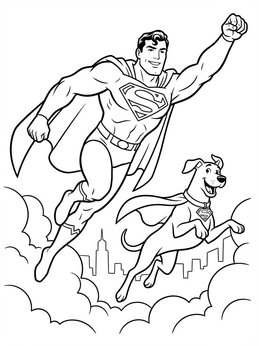 Soar into action with Superman and his loyal companion, Krypto the Superdog, as they race across the sky! Print this thrilling coloring page and add your vibrant colors to their amazing airborne adventure.