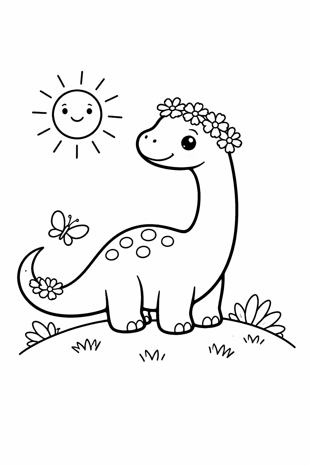 Printable coloring page featuring Daisy the Diplodocus, a gentle baby dinosaur wearing a crown of daisies on a grassy hill under a sunny sky with a fluttering butterfly. Perfect for kids and adults to print, color, and enjoy.