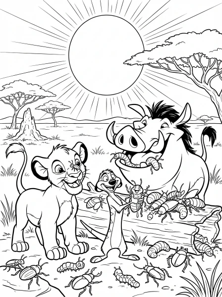 Join Young Simba, Timon, and Pumbaa enjoying a delicious bug feast under a beautiful savanna sunset! Print this fun Disney Lion King coloring page and bring their happy meal to life with your favorite colors.