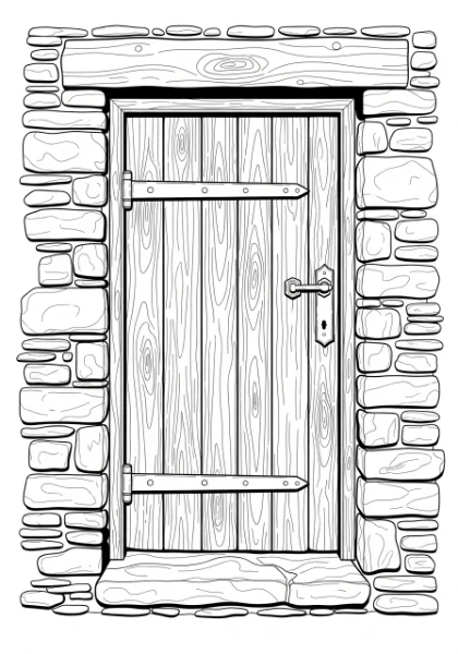 Unwind with this beautiful printable coloring page featuring a rustic door and frame from a charming stone house. Perfect for adults seeking detailed architectural art to color and relax.