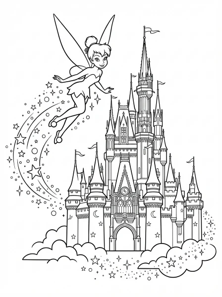 Soar with Tinker Bell around a magnificent, star-dusted Disney castle! This enchanting printable coloring page invites you to add your favorite colors to pixie dust and magical scenes.