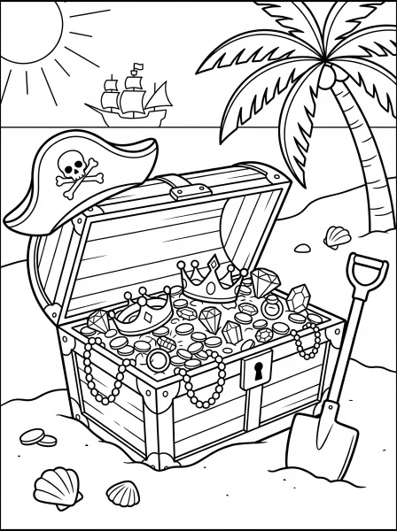 Discover a hidden pirate treasure! Print and color this exciting page featuring a gleaming chest overflowing with gold coins and sparkling jewels on a sunny beach.