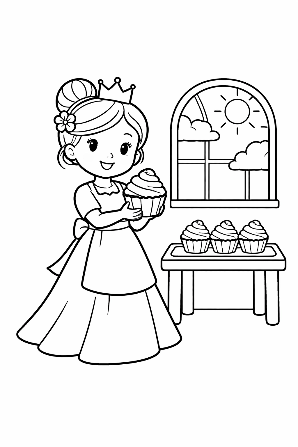 Print this charming Baker Princess coloring page and bring a smiling princess and her cupcake-filled baking corner to life with color. A perfect printable activity for kids and adults who love baking and cozy scenes.