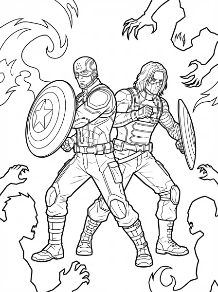 Get ready for action with Captain America and the Winter Soldier fighting back-to-back! Print and color this heroic Marvel scene, bringing their shields and bravery to life.