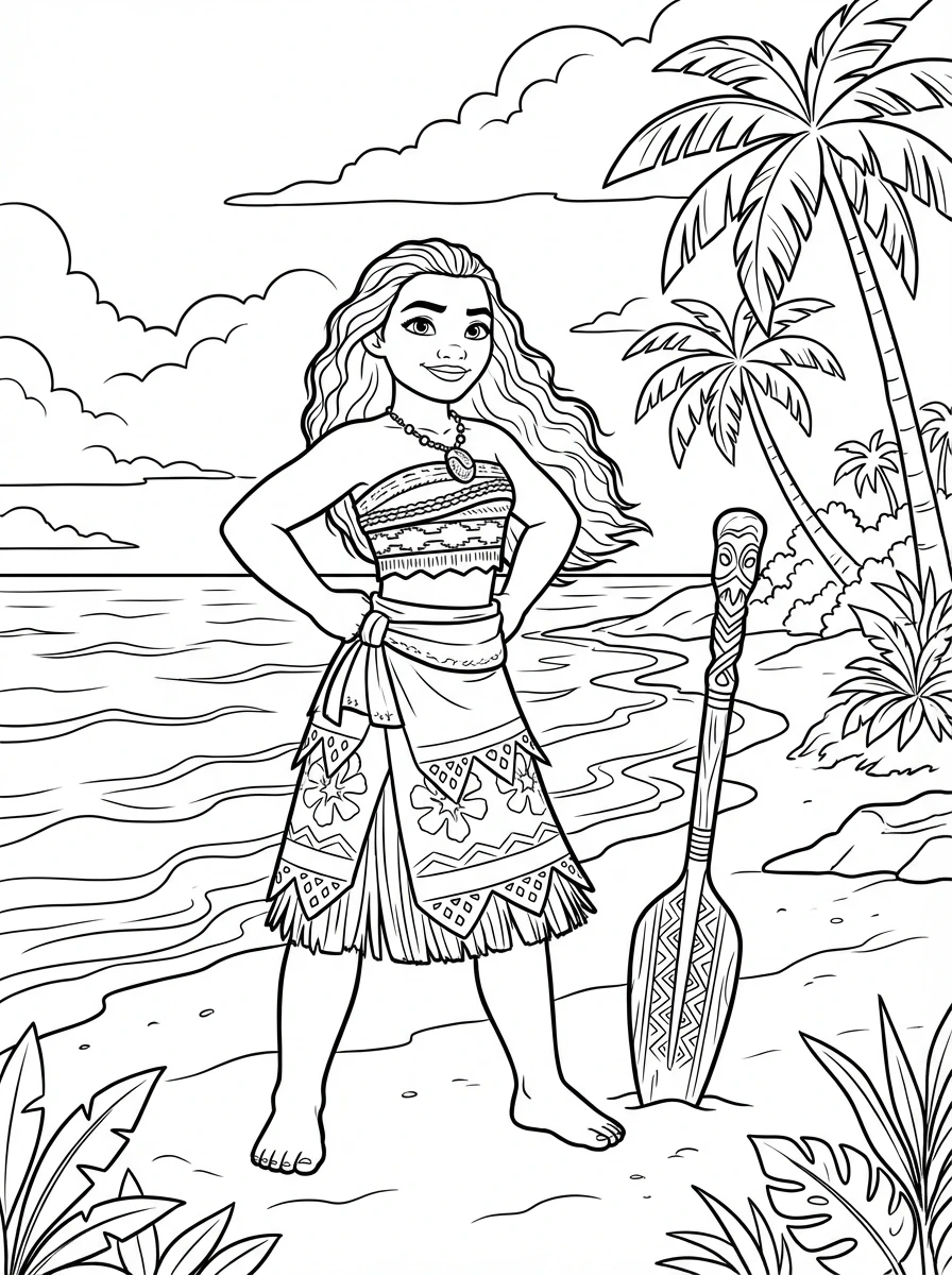 Print and color this exciting page featuring Moana standing bravely on the sandy beach, gazing out at the vast, shimmering ocean. A perfect adventure for fans of all ages to bring to life with your favorite colors!