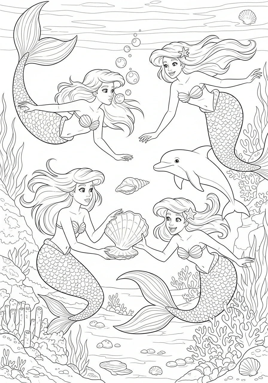 Dive into an underwater adventure with this fun coloring page featuring four mermaid friends playing! Print and color these happy mermaids and their ocean world today.
