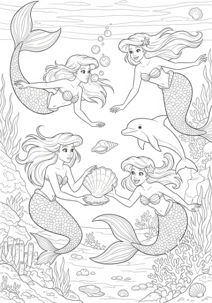 Dive into an underwater adventure with this fun coloring page featuring four mermaid friends playing! Print and color these happy mermaids and their ocean world today.