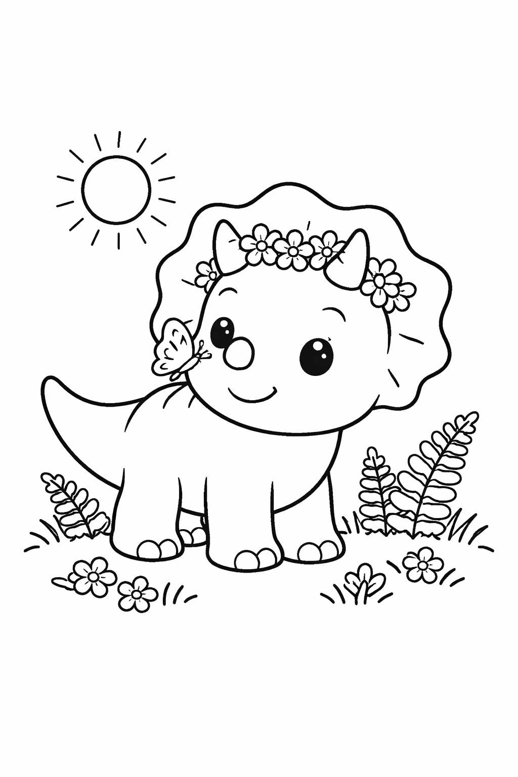 Print this charming baby triceratops coloring page, featuring a flower crown, a friendly butterfly, and swaying ferns in a sunlit meadow. Perfect for kids and adults to print, color, and enjoy a peaceful dinosaur scene.