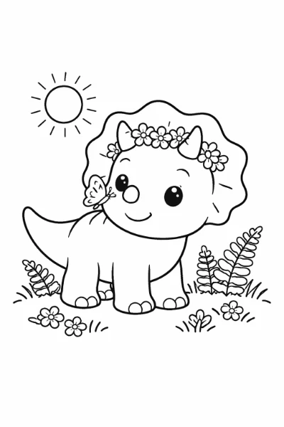 Print this charming baby triceratops coloring page, featuring a flower crown, a friendly butterfly, and swaying ferns in a sunlit meadow. Perfect for kids and adults to print, color, and enjoy a peaceful dinosaur scene.