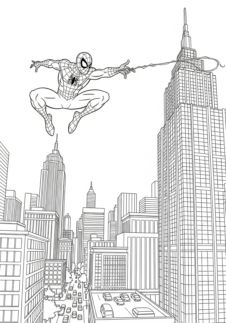 Get ready for action with this amazing Spider-Man coloring page! Watch him web-sling through the city skyline, high above the tiny cars. Print this fun drawing and bring your favorite superhero to life with colors!