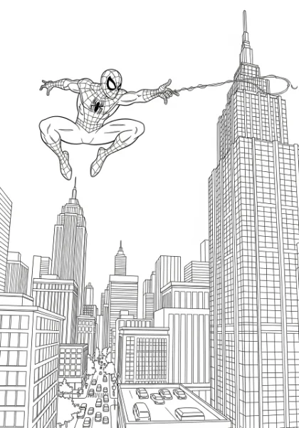 Get ready for action with this amazing Spider-Man coloring page! Watch him web-sling through the city skyline, high above the tiny cars. Print this fun drawing and bring your favorite superhero to life with colors!