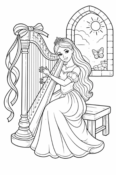 Print and color this charming princess scene. A graceful princess sits on a wooden bench, playing a large harp with flowing ribbons under a sunny arched window, with a butterfly perched nearby.