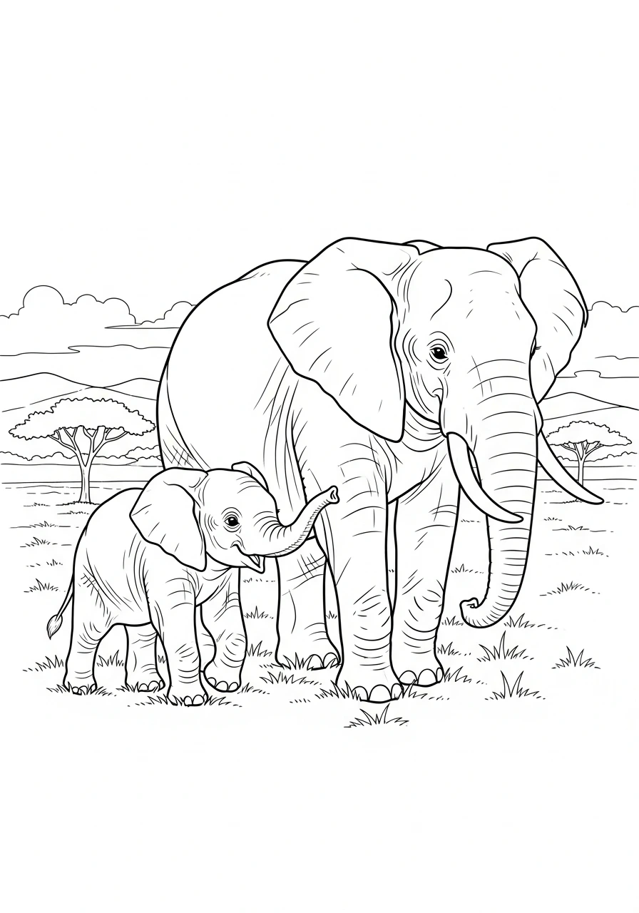 Print and color this adorable page featuring a sweet baby elephant with its loving mom. Grab your crayons and add your favorite colors to this heartwarming family scene!