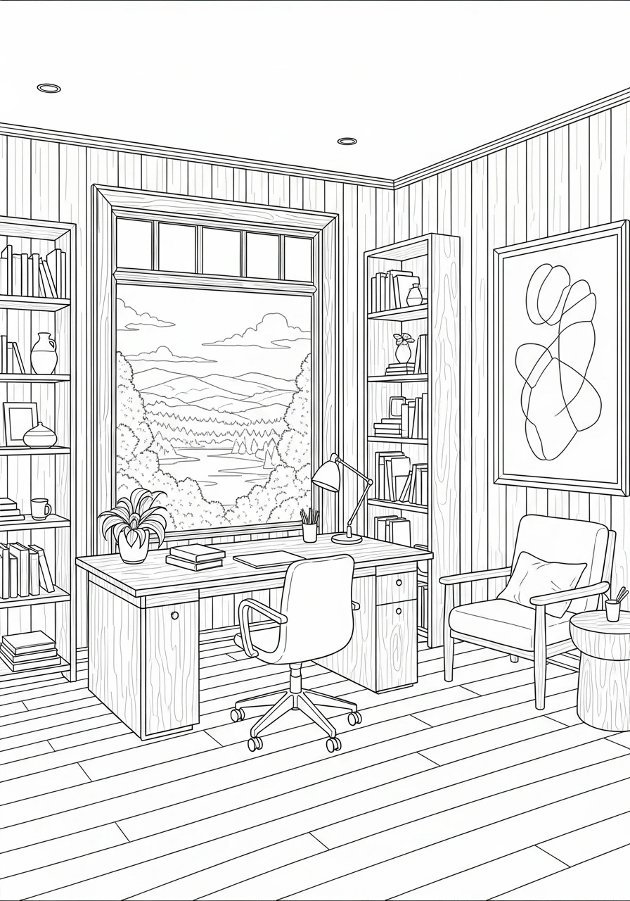 Unwind with this beautiful coloring page featuring a peaceful office with a calming view and natural wood elements. Perfect for anyone seeking relaxation, just print and color to create your own tranquil workspace scene.