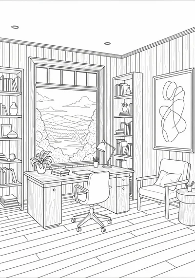 Unwind with this beautiful coloring page featuring a peaceful office with a calming view and natural wood elements. Perfect for anyone seeking relaxation, just print and color to create your own tranquil workspace scene.