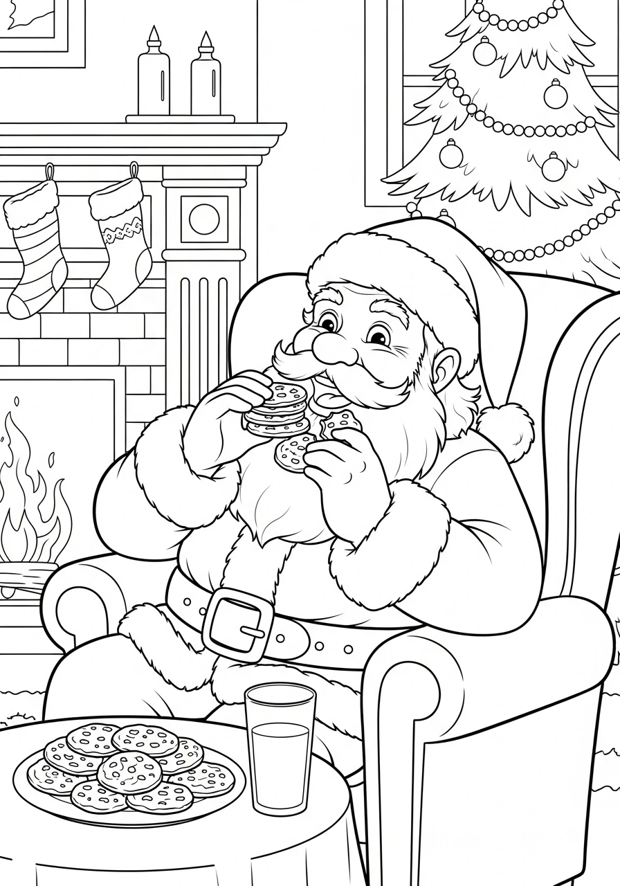 Get ready for festive fun with this delightful printable coloring page featuring Santa Claus happily munching on delicious Christmas cookies! Perfect for kids and adults to print, color, and enjoy during the holiday season.