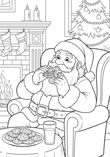 Get ready for festive fun with this delightful printable coloring page featuring Santa Claus happily munching on delicious Christmas cookies! Perfect for kids and adults to print, color, and enjoy during the holiday season.
