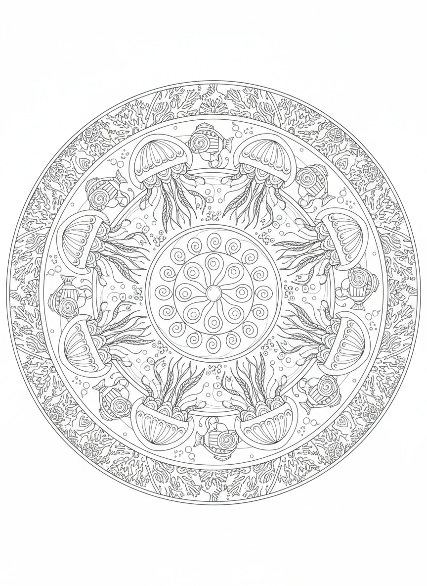 Dive into a mesmerizing world with this intricate Oceanic Bioluminescence Mandala coloring page. Featuring stunning deep-sea flora and fauna that glow, from delicate plankton and coral polyps to majestic jellyfish, anglerfish, and glowing squids. This detailed mandala design offers an otherworldly underwater garden, perfect for vibrant coloring and stress relief.