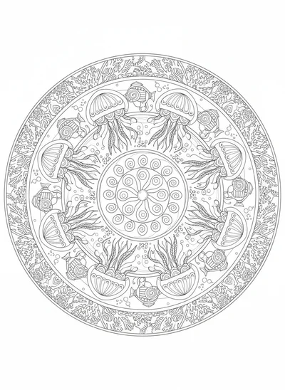 Dive into a mesmerizing world with this intricate Oceanic Bioluminescence Mandala coloring page. Featuring stunning deep-sea flora and fauna that glow, from delicate plankton and coral polyps to majestic jellyfish, anglerfish, and glowing squids. This detailed mandala design offers an otherworldly underwater garden, perfect for vibrant coloring and stress relief.