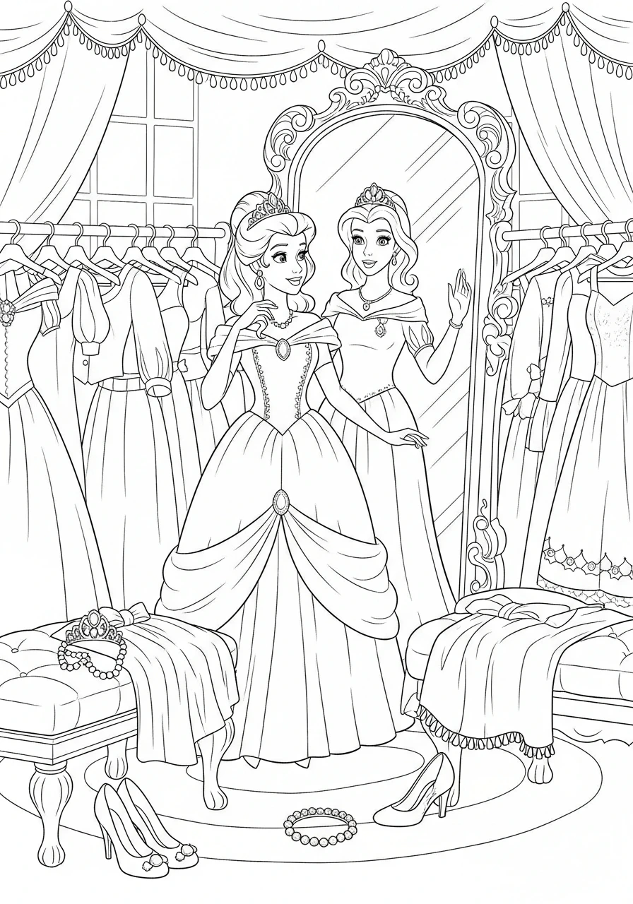 Help the princess pick her favorite look! This printable coloring page features a princess trying on different outfits, ready for you to add vibrant colors and bring her style to life.