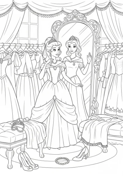 Help the princess pick her favorite look! This printable coloring page features a princess trying on different outfits, ready for you to add vibrant colors and bring her style to life.