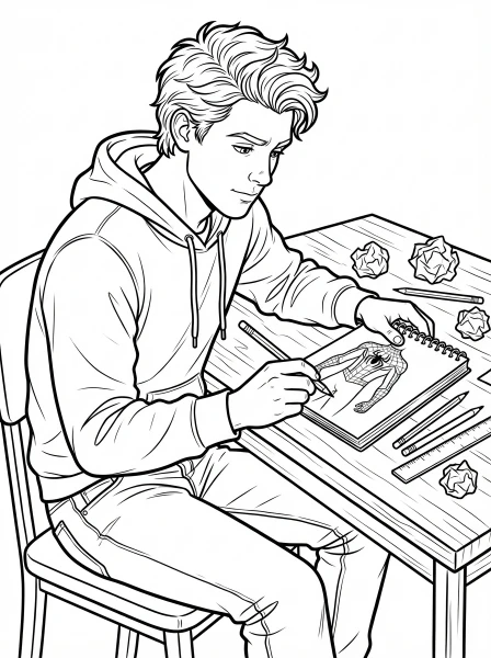 Download and print this fun coloring page of Peter Parker sketching a new Spider-Suit design. Perfect for any Spider-Man fan to bring to life with color!