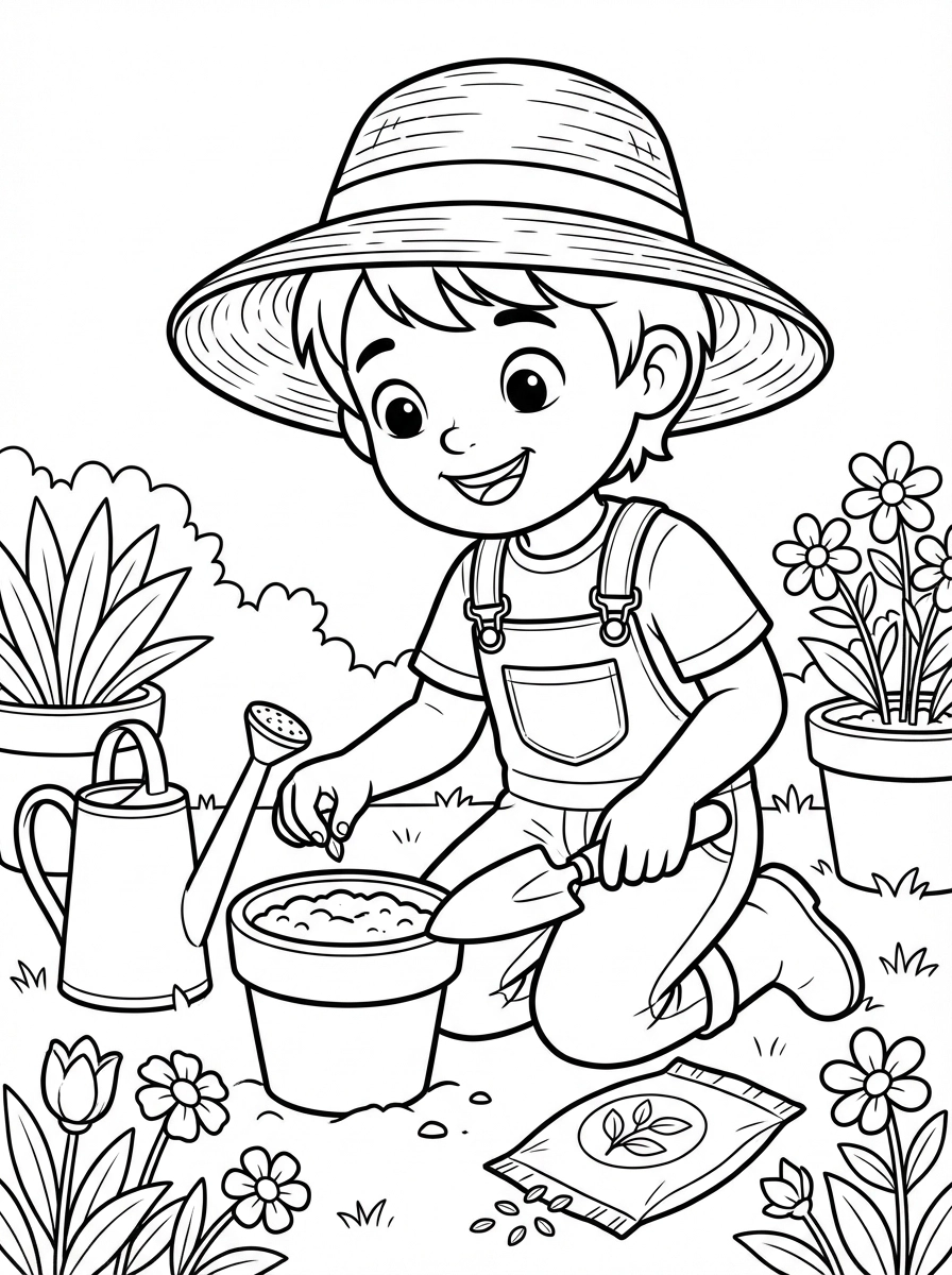 Watch a sweet child carefully plant a seed in a flowerpot! Print this free coloring page and add your favorite colors to this delightful garden scene.