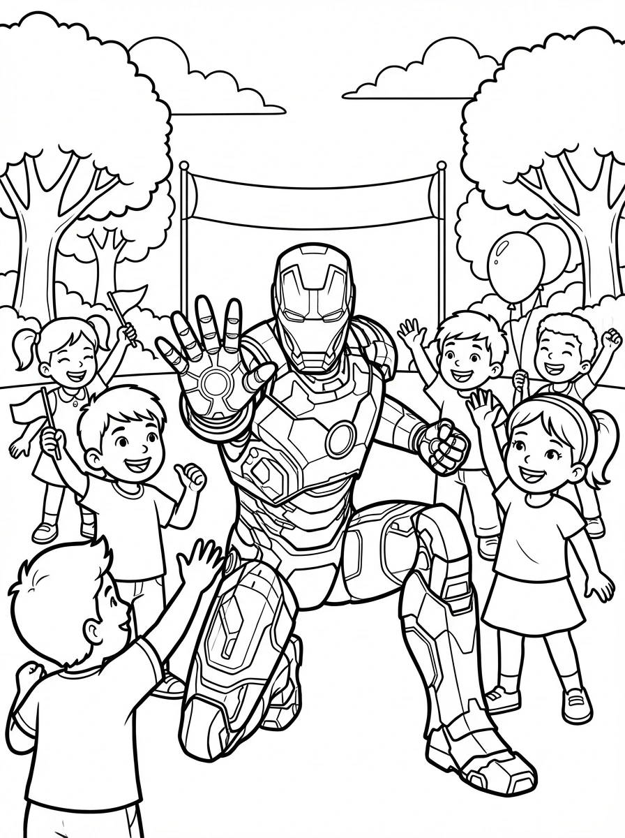 Printable coloring page featuring Iron Man striking a peace sign with his glowing repulsor glove, surrounded by joyful children. A fun activity for all ages!