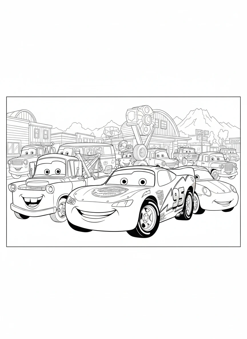 Bring Lightning McQueen and his Radiator Springs friends to life with this fun Disney Cars movie characters coloring page. Perfect for young fans to enjoy creative time.