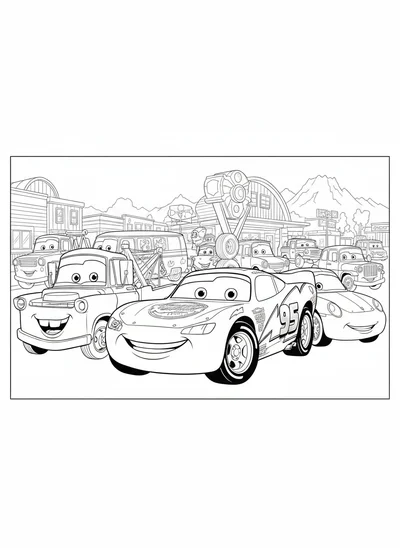 Bring Lightning McQueen and his Radiator Springs friends to life with this fun Disney Cars movie characters coloring page. Perfect for young fans to enjoy creative time.