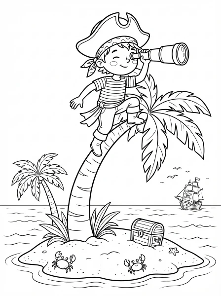 Set sail for adventure with this printable coloring page! A brave little pirate scans the horizon with a spyglass from a tall palm tree on a desert island, waiting for your creative colors.