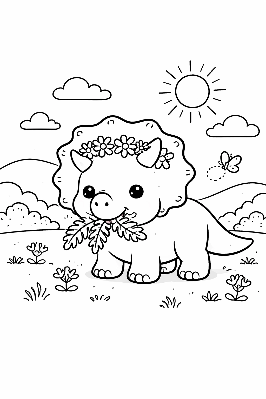 This printable coloring page features a cheerful Triceratops wearing a flower crown, nibbling ferns in a sunlit meadow, with a tiny butterfly nearby. Perfect for kids and adults to print, color, and unwind.