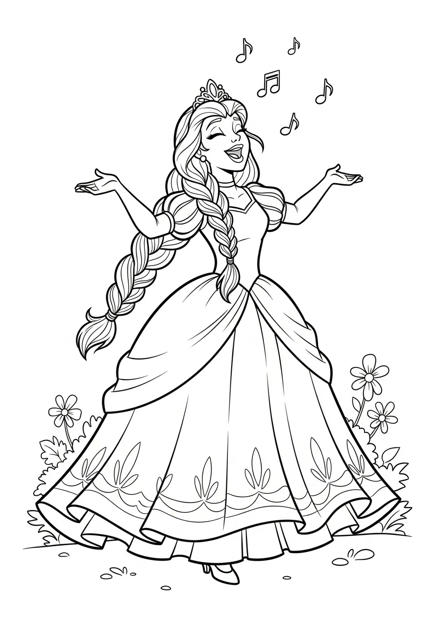 Bring this happy cartoon princess singing her favorite song to life with your colors! Print this magical page and enjoy a fun coloring adventure.