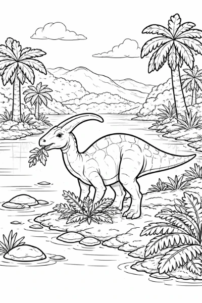 This printable coloring page features a Parasaurolophus by a calm prehistoric river, with its crest arching gracefully and ferns to nibble. Perfect for kids and adults to print and color.