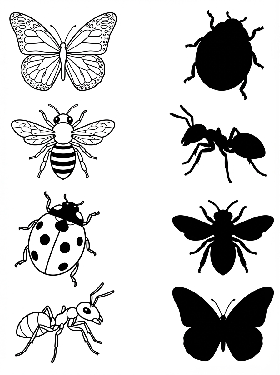 Challenge young minds with this fun printable insect shadow matching worksheet! Kids can learn about different bugs like butterflies, bees, and ladybugs while identifying their shapes. Perfect for home or school activities.