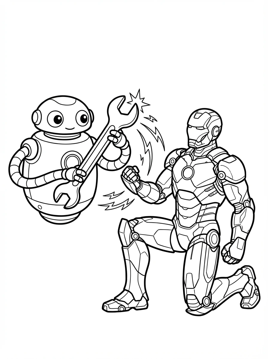 Print and color a friendly robot assistant offering Iron Man a shiny wrench, with exciting sparks flying! A fun activity for all ages.