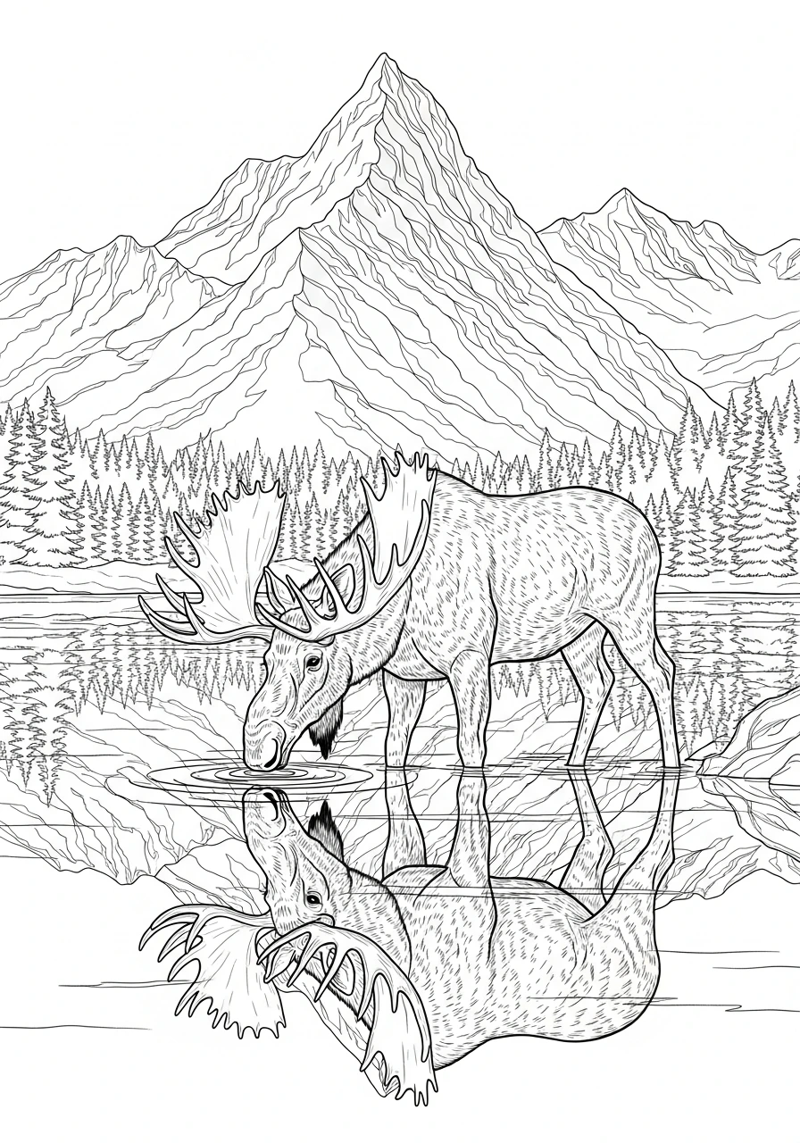 Discover the beauty of Canada with this printable coloring page featuring a majestic moose sipping from a calm lake, surrounded by snow-capped mountains and evergreen trees. Grab your colors and bring this serene Canadian nature scene to life!
