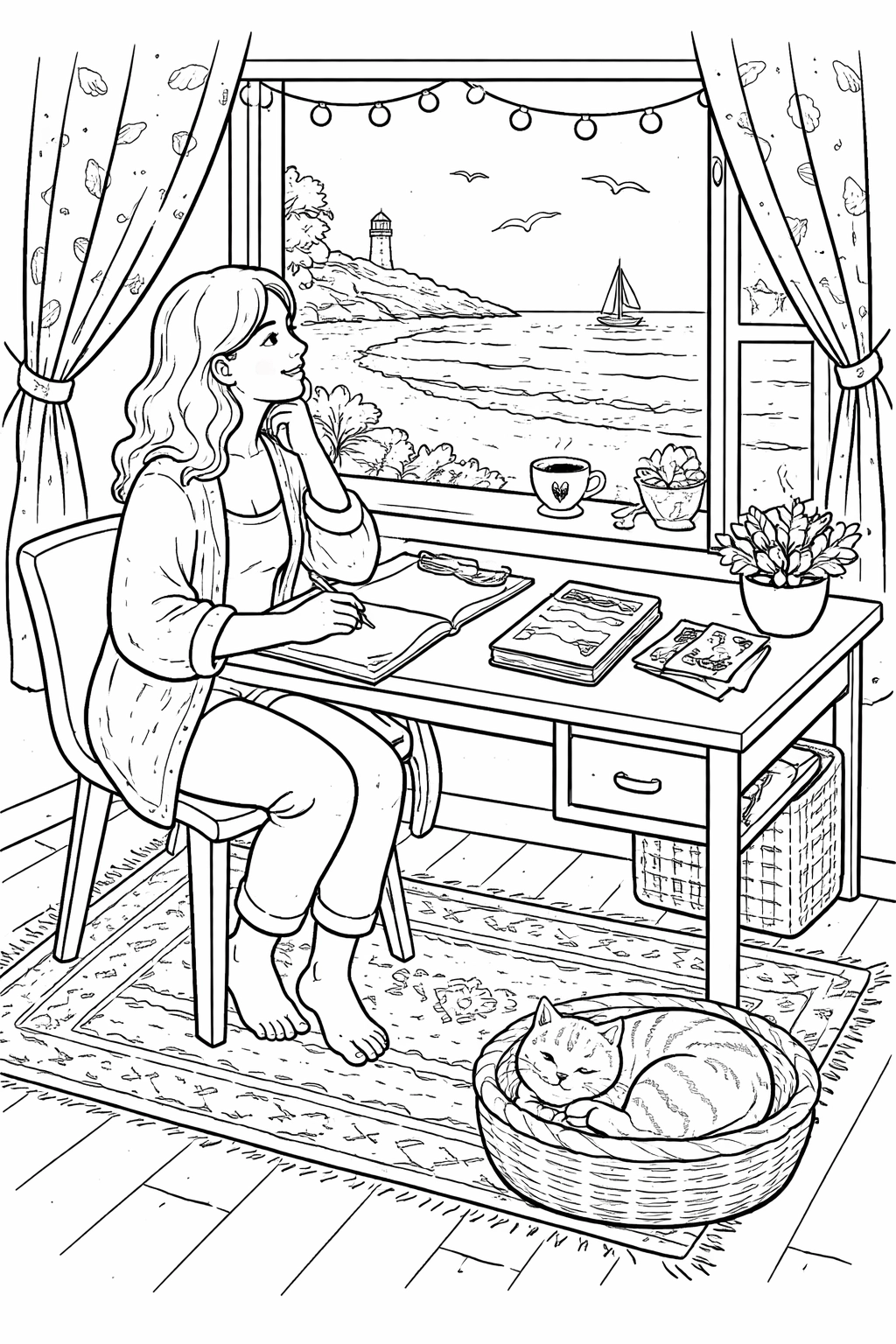 Relax and unwind with this detailed printable coloring page of a cozy home office overlooking the shore, featuring a smiling woman, steaming latte, ginger cat, seashells, and a distant lighthouse. Print and color this peaceful scene for a calming creative break — ideal for adults and older kids.