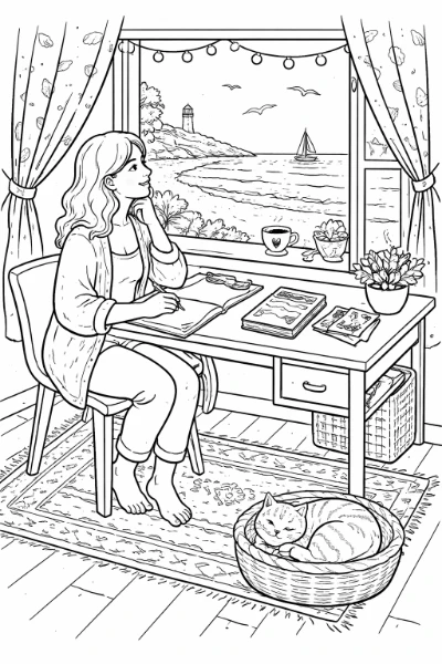 Relax and unwind with this detailed printable coloring page of a cozy home office overlooking the shore, featuring a smiling woman, steaming latte, ginger cat, seashells, and a distant lighthouse. Print and color this peaceful scene for a calming creative break — ideal for adults and older kids.
