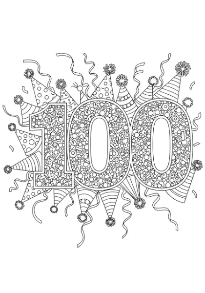 Get ready to celebrate with this festive 100th Day coloring page! It features a large number 100 bursting with confetti, surrounded by fun party hats and streamers, perfect for kids and adults to print and color.