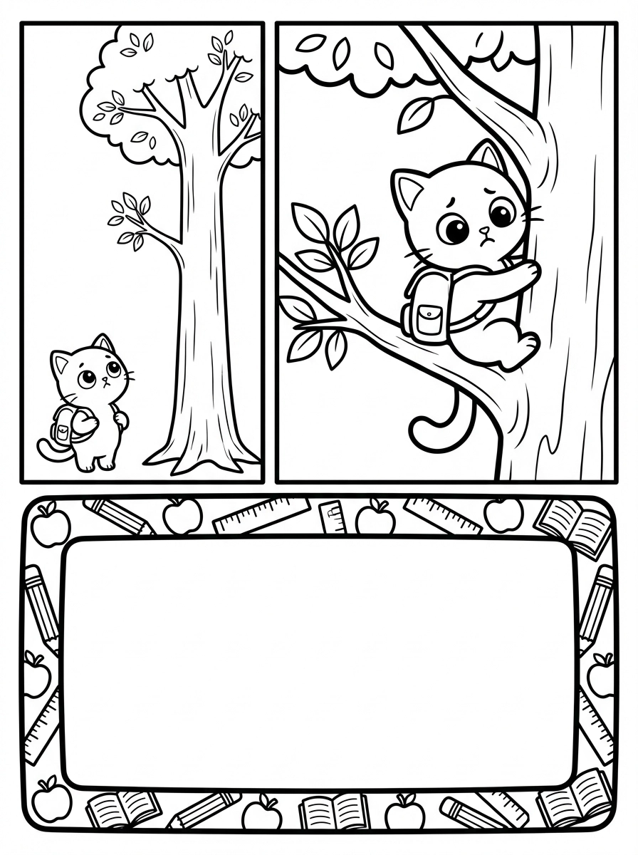Color this engaging three-panel comic strip about a curious cat and a tall tree! The last panel is empty for you to draw your own creative ending and complete the story. Print this page for hours of creative fun!