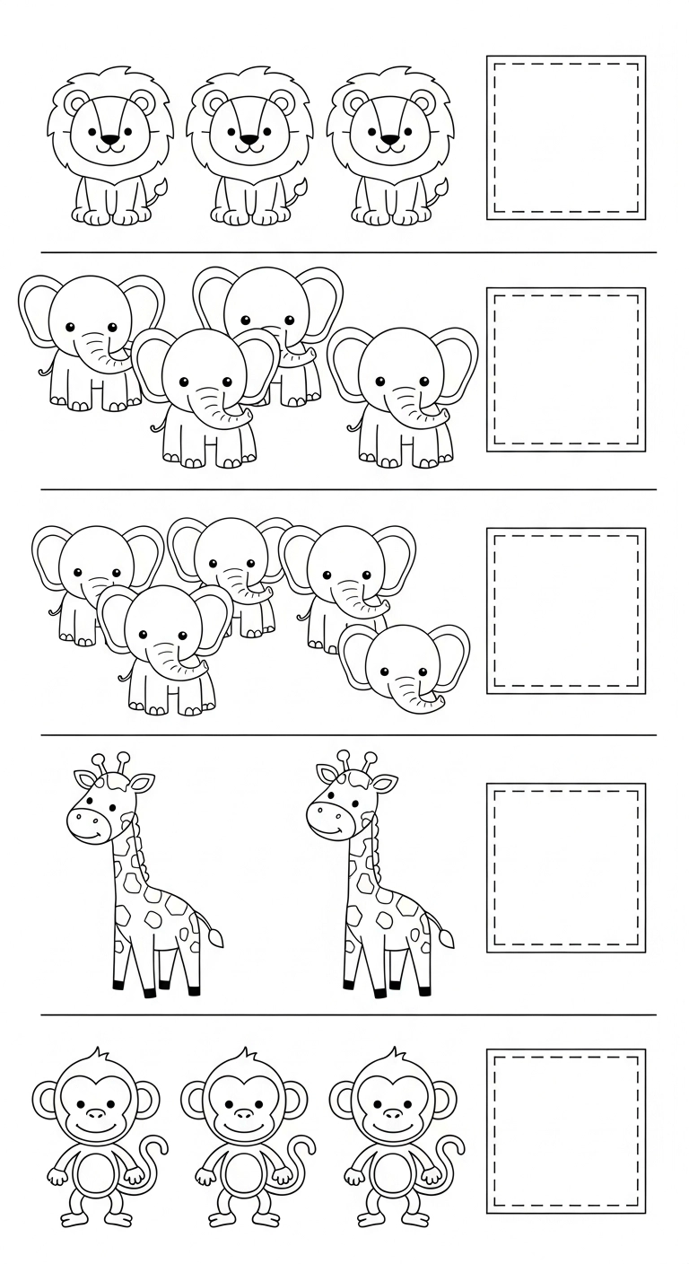Help your little one learn to count with this fun printable math worksheet! Count the adorable animals in each row, write the numbers, and then enjoy coloring them in for a creative learning activity.