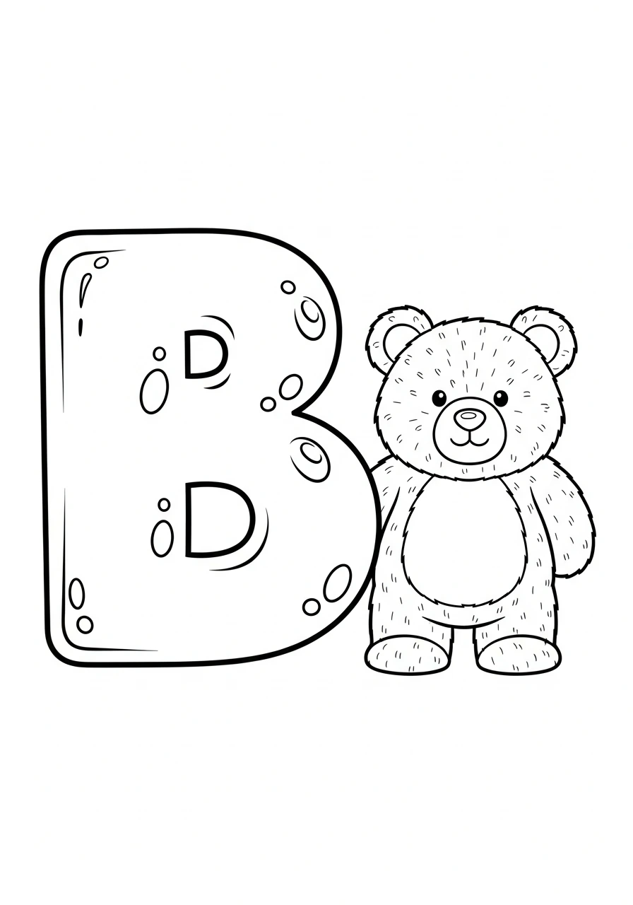 Get ready to color the letter B! This printable coloring page features a big bubble 'B' next to a cute fuzzy bear, designed with simple shapes perfect for toddlers. Print and enjoy this fun alphabet activity!