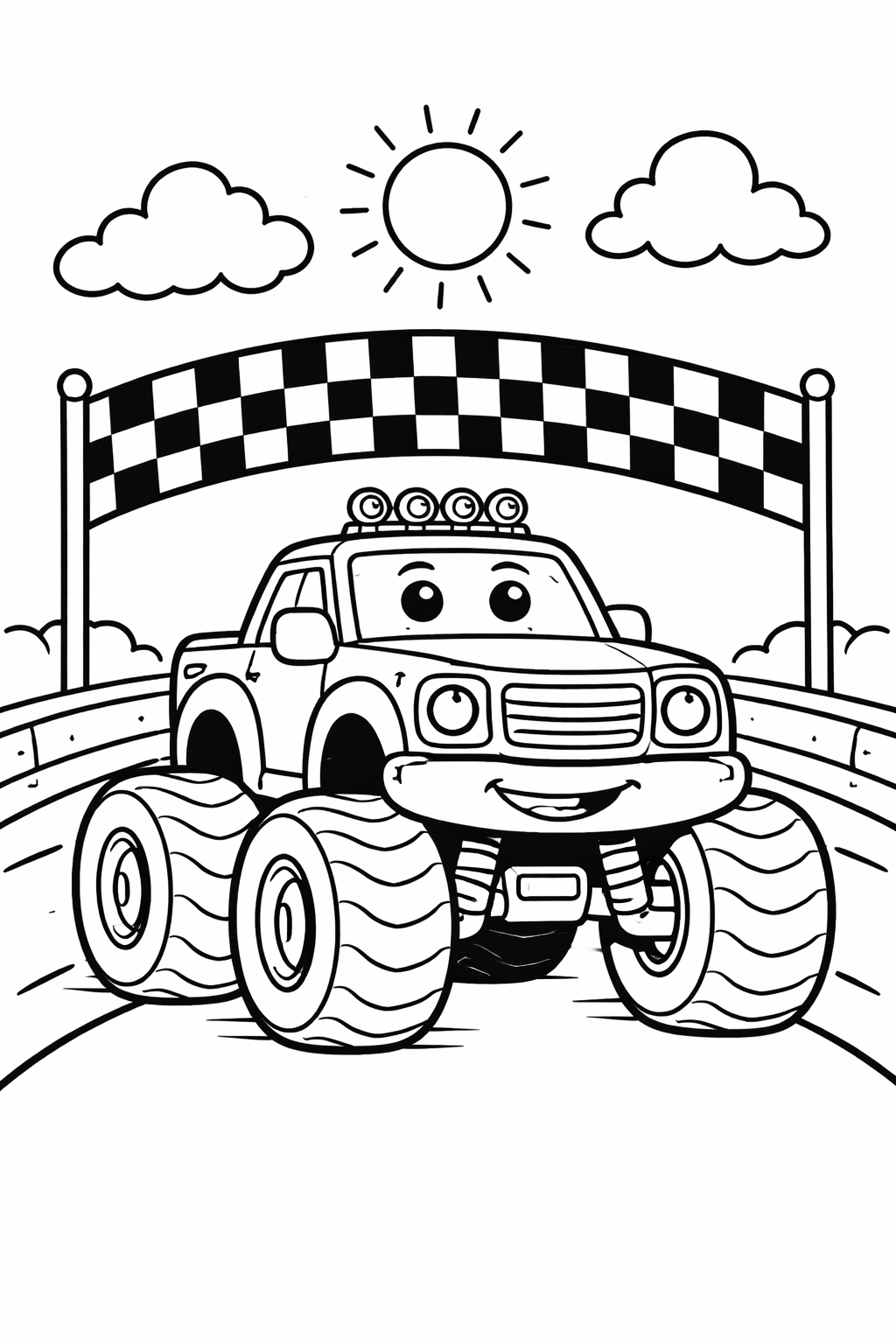 Printable coloring page featuring Turbo the Monster Truck on a sunny race track with a finish-line banner and fluffy clouds. Print, color, and bring this friendly hero to life.